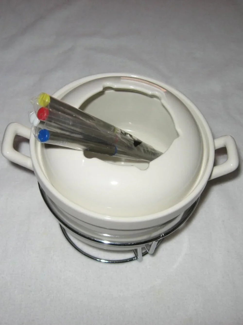 Godinger 6pc Fondue Set Porcelain Pot 4 Forks NIB